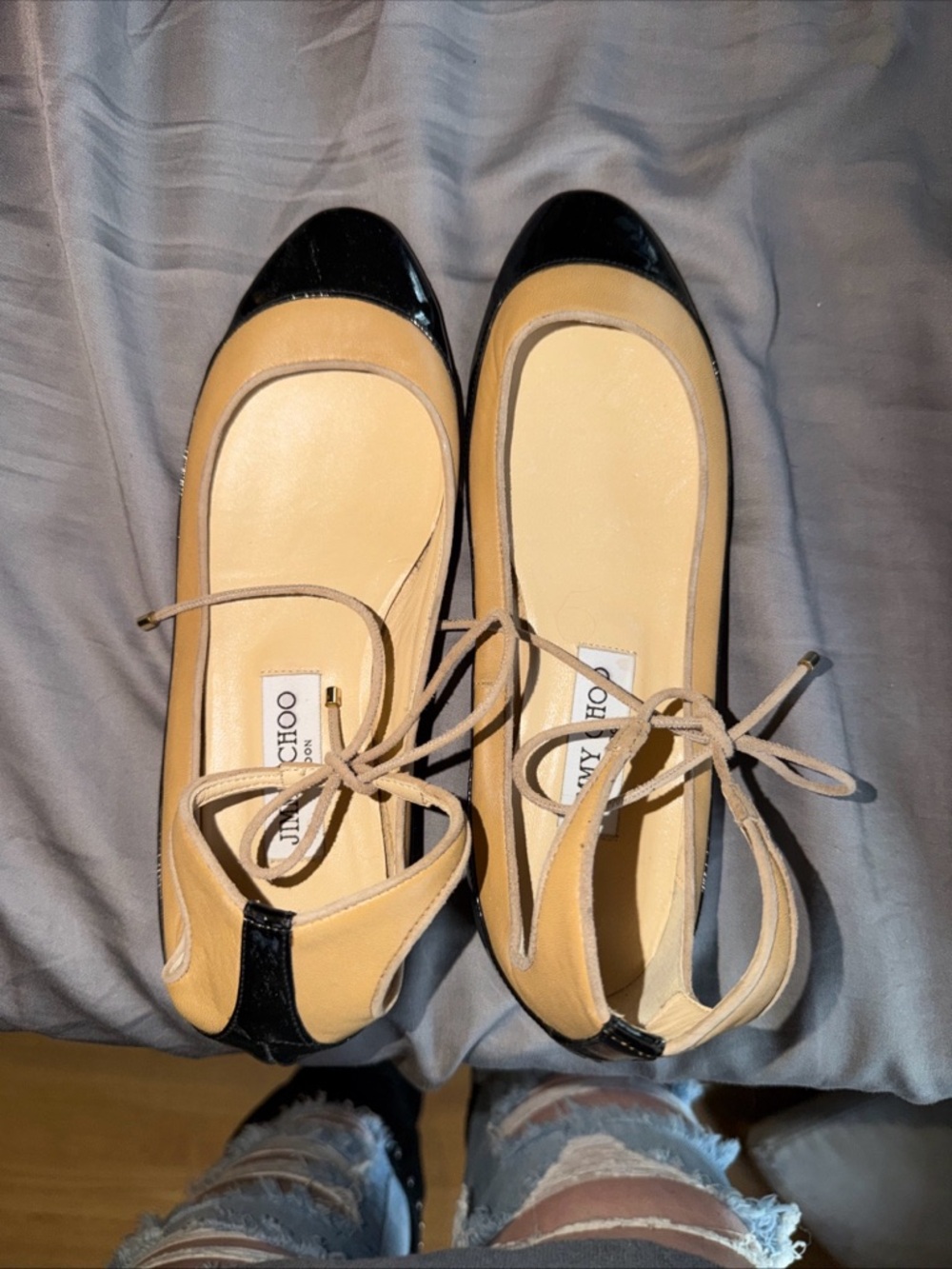 Jimmy Choo Beige Leather Ballet Flats with Black Patent Toe